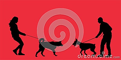 Owner girl and dog husky meeting boy with doberman vector silhouette illustration isolated on background. Woman and man with dog. Vector Illustration