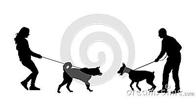 Owner girl and dog husky meeting boy with doberman vector silhouette illustration isolated on white background. Woman and man. Vector Illustration