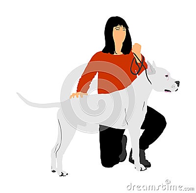 Owner girl keeps American Staffordshire pit bull terrier dog champion on the leash. Cartoon Illustration