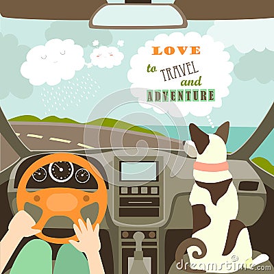 Owner having a car trip with their dog Vector Illustration