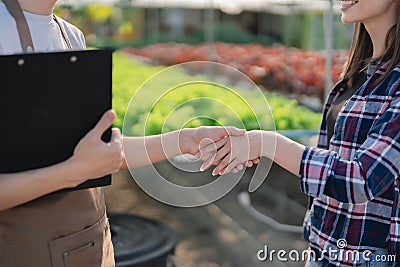 The owner of an organic vegetable farm joins hands with the capitalist to congratulate together the trading of produce Stock Photo