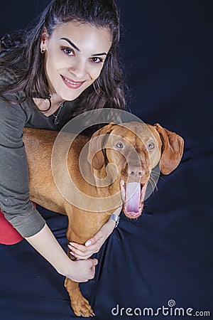 Owner petting a young hungarian vizsla Stock Photo