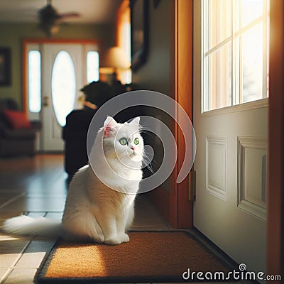 Owner's pet waits patiently for their return at front door Stock Photo