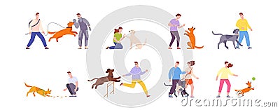 Owner training dog. People teaching dogs commands obedient, canine trainer train pet sport exercising outdoor park Vector Illustration