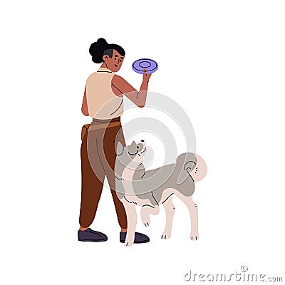 Owner training obedience, teach command with her dog. Trainer throws flying disc to puppy catch, fetch it. Girl play Vector Illustration