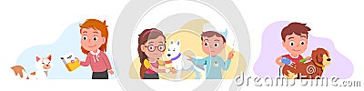 Owners kids feeding cat, combing, treating dog Vector Illustration