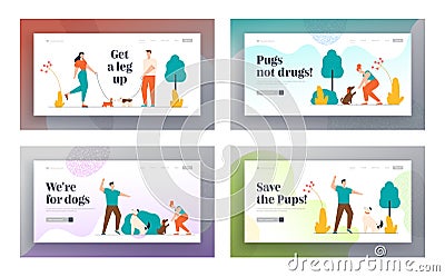 Owners Spending Time with Pets Outdoors Website Landing Page Set. Characters Walking and Training Dogs in City Park Vector Illustration