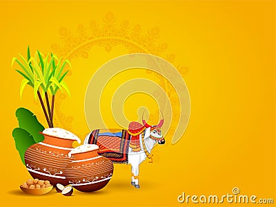 OX character with mud pot full of pongali rice, banana leaves, sugarcane and Indian sweets. Stock Photo