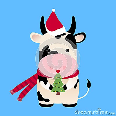 Ox with Christmas tree, Santa hat. Chinese Horoscope 2021 Year of the White Metal Ox. Chinese New year symbol of 2021. Cute cow Vector Illustration