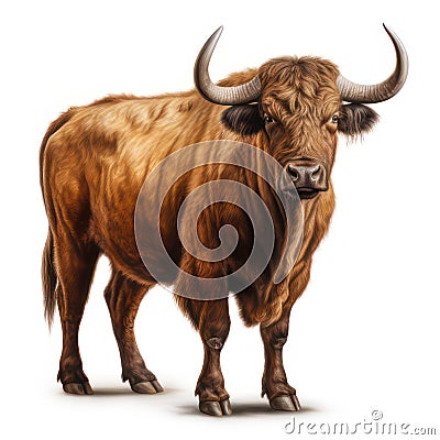 Ox isolated on white created with Generative AI. Big bull with long horns. Strong mammal. Stock Photo