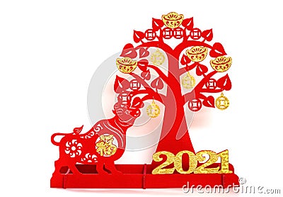 An ox mascot and money tree as symbol of Chinese New Year of the Ox on white the Chinese means good luck Stock Photo