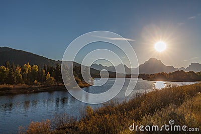 Oxbow Bend Sunset in fall Stock Photo