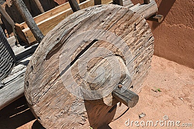 Closeup of an oxcart wheel showing detail of construction Stock Photo