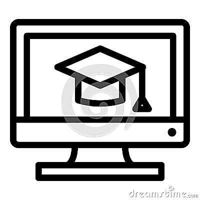 Oxford cap on the monitor icon, outline style Vector Illustration