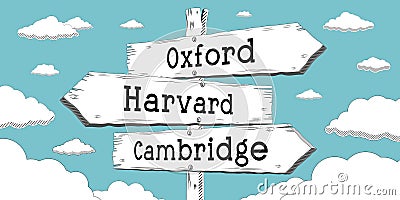 Oxford, Harvard, Cambridge - outline signpost with three arrows Cartoon Illustration