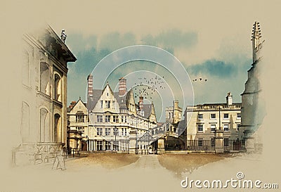 Oxford, UK, vintage graphics on old paper, watercolor sketch Stock Photo