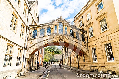 OXFORD, UNITED KINGDOM - AUG 29 2019 : The Bridge of Sighs connecting two buildings at Hertford College Editorial Stock Photo