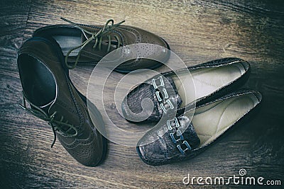 Oxfords shoes retro style stand on the wooden floor. Stock Photo