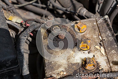 Oxidized and dirty car battery terminal. Battery terminals corrode dirty damaged problem. Old battery corrosion deteriorate leakin Stock Photo