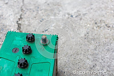 Oxidized and dirty car battery terminal. Battery terminals corrode dirty damaged problem. Old battery corrosion deteriorate leakin Stock Photo