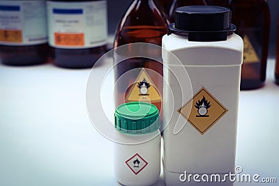 oxidizing agent symbol on bottle chemical ,warning symbol Stock Photo