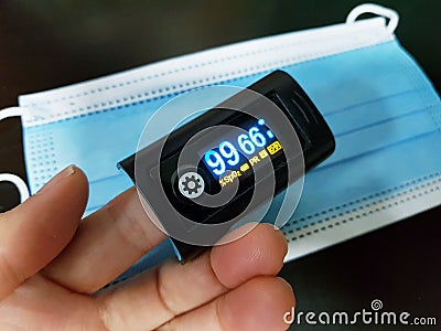 Oximeter is a device that estimates the amount of oxygen in your blood. Stock Photo