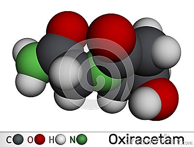 Oxiracetam molecule. It is is a nootropic drug of the racetam family, very mild stimulant. Molecular model. 3D rendering Stock Photo