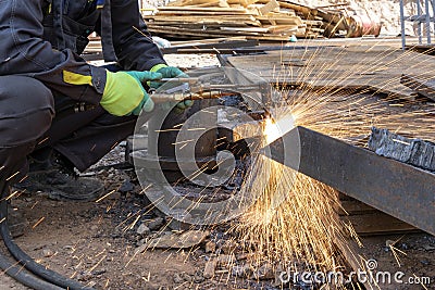 Oxy-fuel welding and cutting process. Oxy-fuel welding oxyacetylene, oxy, or gas welding in the U.S. and oxy-fuel cutting. Stock Photo