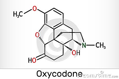 Oxycodone molecule. It is semisynthetic opioid medication used for treatment of pain. Skeletal chemical formula Stock Photo