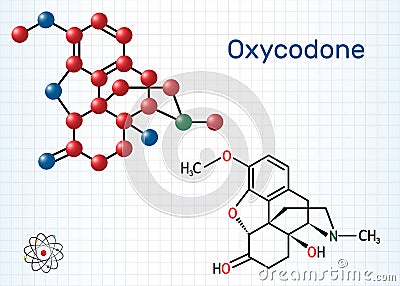 Oxycodone molecule. It is semisynthetic opioid medication used for treatment of pain. Structural chemical formula and molecule Cartoon Illustration