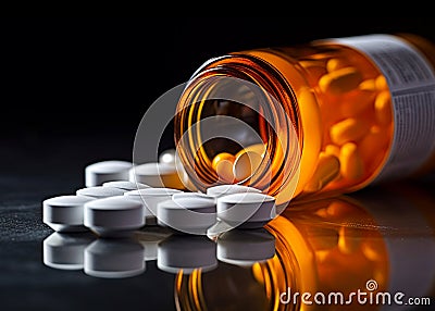 Oxycodone, Opioid prescription pills spilled onto a table. Addiction prescription pain killer tablets. Ai Generative image Stock Photo