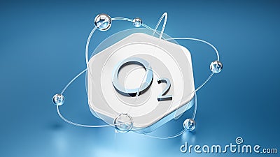 oxygen symbol o2 on a hexagon with orbits, floating atoms and electrons, 3d image Stock Photo