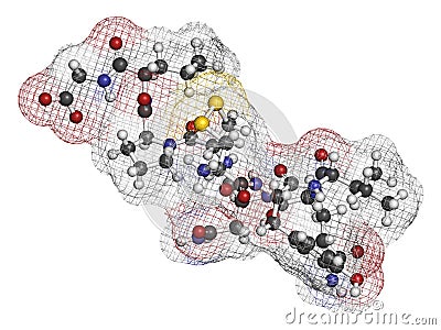 Oxytocin hormone molecule. 3D rendering. Atoms are represented as spheres with conventional color coding: hydrogen white,. Stock Photo