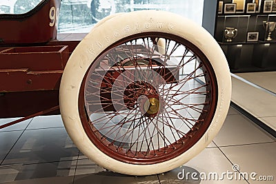 FORD999 (Replica), Model year 1902, Country U.S. Race car, Built by Henry Ford, Close-up on firestone tire Editorial Stock Photo