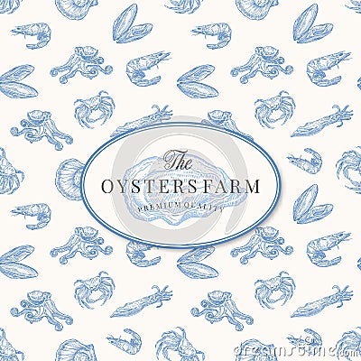 The Oysters Farm Abstract Vector Sign, Symbol or Logo Template. Elegant Opened Oyster Drawing Sketch with Seafood Vector Illustration