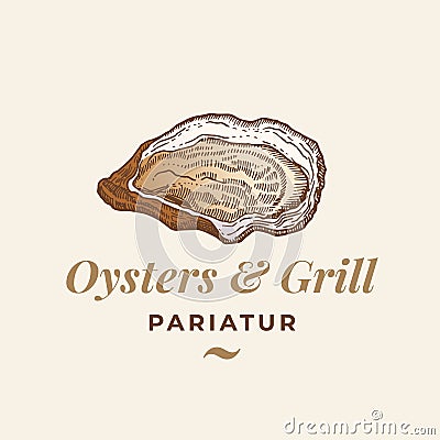 Oysters and Grill Abstract Vector Sign, Symbol or Logo Template. Hand Drawn Opened Shellfish Mollusc with Premium Vector Illustration