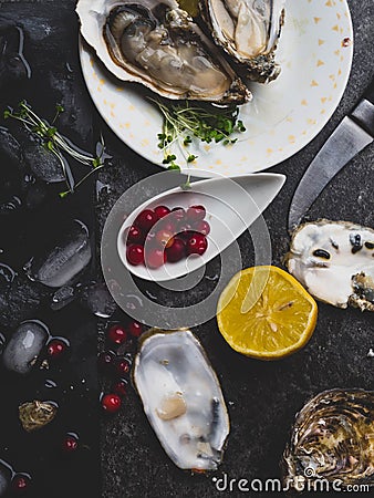 Oysters heart shape in plate with lemon, cranberries, microgreens, knife, shells on marble Stock Photo