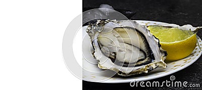 Oysters heart shape in plate, lemon, shells on marble. Delicacy super food, rich in antioxidants, vitamin, zinc Stock Photo