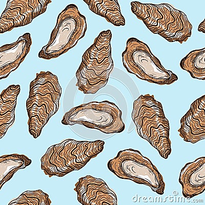 Oysters seamless vector pattern. Open and closed shells of an edible clam on a light background. Colored sketch of food. A seafood Vector Illustration