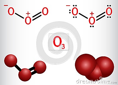 Ozone, O3, trioxygen, inorganic molecule. It is an allotrope of oxygen. Structural chemical formula and molecule model Vector Illustration