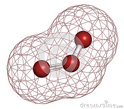 Ozone trioxygen, O3 molecule, chemical structure. Atoms are represented as spheres with conventional color coding. Stock Photo