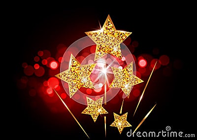 Hollywood Stars rise up to glory. Movie party gold glitter star award, vector academy vip card on bright red blurry background Vector Illustration