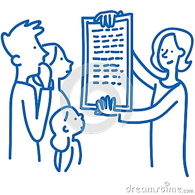 Educator shows the parents and the child the list of rules in the kindergarten Vector Illustration