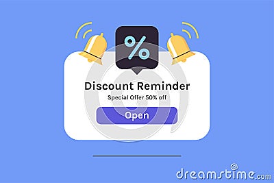 Discount pop up box with a percent sign and notification or message about a gift coupon for the purchase. Vector Illustration
