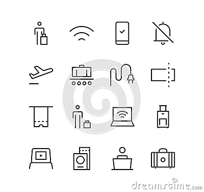 Set of airport and travel icons, departure, arrival, tourism, flight, plane, ticket. Vector Illustration