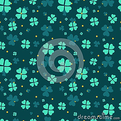 seamless pattern in green colourful shamrocks clovers four leaf clovers Vector Illustration
