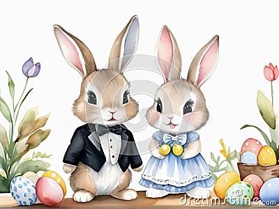 Easter bunny couple in tuxedos and dresses with colourful eggs and flower painted in watercolor Cartoon Illustration