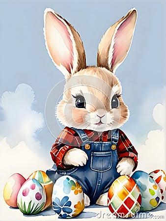 Watercolor painting of cute easter bunny with colorful eggs on blue sky background Cartoon Illustration