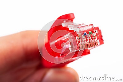 8P8C, RJ-45 crimped red ethernet modular connector, unshielded twisted pair UTP internet cable end in hand, macro, detail, closeup Stock Photo