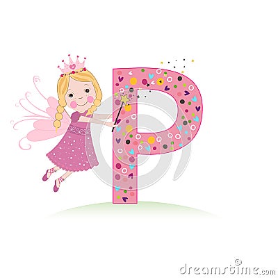 P letter with a cute fairy tale Vector Illustration